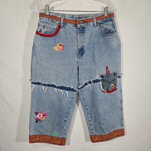VINTAGE Handmade UPCYCLE Patchwork Super Girly BOHO Baggy CAPRI Jeans Size 12.